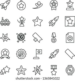 thin line vector icon set - add bookmark vector, star gear, rocket, space, lunar rover, bang, cup, reward, medal, flag, hero, ribbon, certificate, three stars, flying man, disco ball, starfish