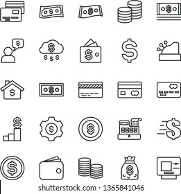 thin line vector icon set - bank card vector, dollar, cards, coins, reverse side of a, front the, denomination, wallet, dollars, cash, machine, cashbox, money rain, coin, mortgage, pedestal, gear