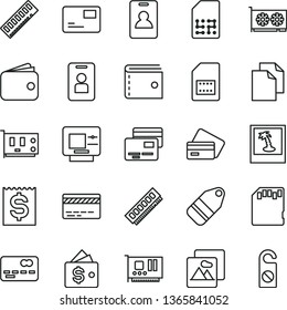thin line vector icon set - bank card vector, purse, clean paper, picture, pass, cards, label, SIM, front of the, financial item, wallet, memory, pc, gpu, sd, identity, atm, credit, photo, access