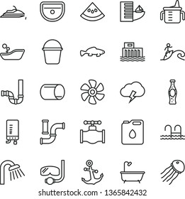 thin line vector icon set - measuring cup for feeding vector, children's bathroom, bucket, sink, bath, shower, siphon, electronic boiler, anchor, storm cloud, small fish, bottle of soda, valve, pipe