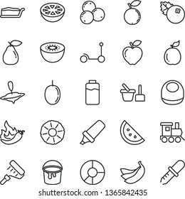 thin line vector icon set - baby bib vector, toy sand set, train, small yule, Kick scooter, paint bucket, roller, cake slice, blueberries, orange, pear, red apple, blueberry, passion fruit, bananas