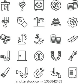 thin line vector icon set - crane vector, hook, winch, adjustable wrench, hand saw, ladder, siphon, sewerage, ntrance door, star gear, kitchen faucet, anchor, strongbox, coins, steel production
