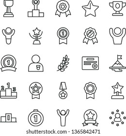 thin line vector icon set - star vector, pedestal, medal, winner, laurel branch, podium, prize, gold cup, reward, man hands up, with, motivation, first place, pennant, ribbon, certificate