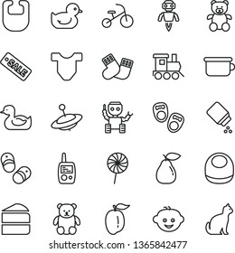 thin line vector icon set - baby powder vector, bib, Child T shirt, rubber duck, duckling, warm socks, toy mobile phone, children's potty, teddy bear, small, hairdo, train, yule, tricycle, lollipop