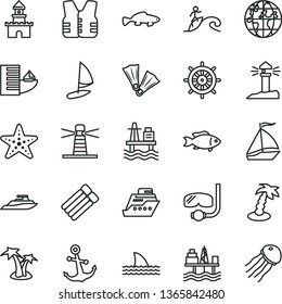 thin line vector icon set - anchor vector, small fish, sea port, commercial seaport, lighthouse, coastal, planet, sand castle, sail boat, hotel, palm tree, starfish, flippers, diving mask, surfing