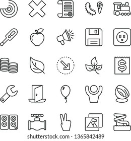 thin line vector icon set - repair key vector, cross, electronic thermometer e, balloon, power socket type b, picture, right bottom arrow, red apple, leaves, leaf, valve, coins, financial item