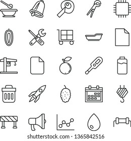 thin line vector icon set - calendar vector, cargo trolley, clean sheet of paper, graph, electronic thermometer e, bath, plates and spoons, crane, hook, small tools, adjustable wrench, bell, drop