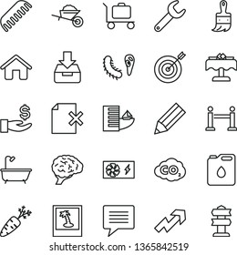 thin line vector icon set - image of thought vector, growth up, comb, house, garden trolley, wooden paint brush, bath, put in a box, delete page, carrot, canister oil, carbon dyoxide, repair key