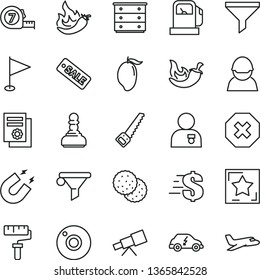 thin line vector icon set - paint roller vector, camera, mark of injury, dollar, pennant, chest drawers, arm saw, long meashuring tape, chili, biscuit, mango, hot pepper, gas station, racer, filter