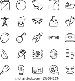 thin line vector icon set - remove label vector, children's bathroom, footprints, portfolio, building level, address book, put in a box, expand picture, spaghetti, chicken thigh, cabbage, garlic