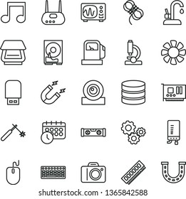 thin line vector icon set - camera vector, building level, hawser, kitchen faucet, electronic boiler, gas station, magnet, welding, gears, fan, mouse, keyboard, memory, pc card, web, hdd, router