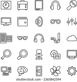 thin line vector icon set - purse vector, loudspeaker, beanbag, siphon, interroom door, city block, case, screen, black clock, computer, tablet pc, monitor, headphones, magnifier, chair, settings