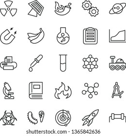 thin line vector icon set - chili vector, bananas, printer, flask, test tube, microscope, molecule, nuclear, gears, bactery, book, biohazard, pipette, magnet, flame, clipboard, drawing compass