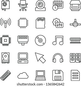 thin line vector icon set - floppy disk vector, computer, notebook pc, radiator fan, power supply, cpu, memory, web camera, hdd, cd, scanner, headphones, speaker, connect, lan connector, wireless