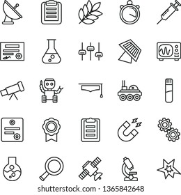 thin line vector icon set - flask vector, test tube, microscope, telescope, zoom, gears, settings, satellite, oscilloscope, magnet, graduate hat, clipboard, medal, robot, sun panel, antenna, biology