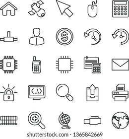 thin line vector icon set - envelope vector, zoom, upload archive data, house, calculation, magnifier, woman, dollar, mobile phone, radiator fan, mouse, cpu, printer, connect, coding, lan connector