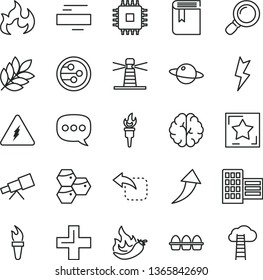 thin line vector icon set - plus vector, minus, book, city block, lightning, planet, move left, bundle of eggs, honeycombs, hot pepper, lighthouse, speech, cpu, network, magnifier, telescope, brain