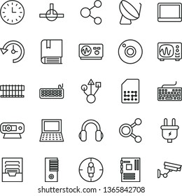 thin line vector icon set - camera vector, keyboard, archive, e, plug, satellite dish, SIM, connection, connections, goal woman, wall watch, notebook pc, radiator fan, tower, motherboard, web, usb