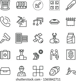 thin line vector icon set - cradle vector, toys over the cot, mercury thermometer, medical bag, builder, paint roller, city block, tile, left bottom arrow, drawer, package, size, pie, sushi, surfing
