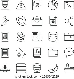 thin line vector icon set - warning vector, add bookmark, folder, archive, received letter, speech, big data, server, phone call, banana, vintage sign, connection, statistical report, pie charts