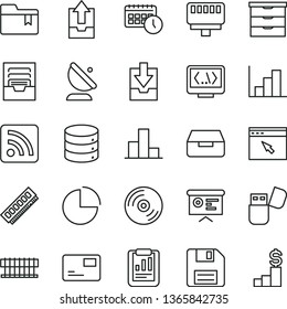 thin line vector icon set - floppy disk vector, rss feed, pie chart, bar, negative histogram, archive, upload data, download, folder bookmark, storage unit, CD, big, pass card, drawer, agenda