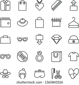 thin line vector icon set - paper bag vector, purse, spectacles, hat, with glasses, accessories for a hairstyle, comb, winter, warm, handles, T shirt, folded, hanger, cloth industry, hand, diamond