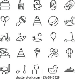 thin line vector icon set - beanbag vector, baby rattle, duckling, bath ball, stacking rings, toy, roly poly doll, tumbler, mobile phone, small teddy bear, yule, rocking horse, cubes for children