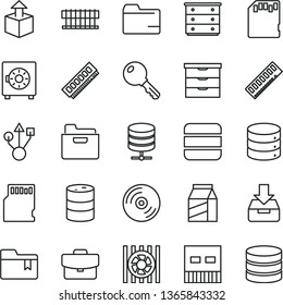 thin line vector icon set - folder vector, bookmark, storage unit, chest of drawers, key, CD, big data, server, suitcase, put in a box, strongbox, package, unpacking, barrel, radiator fan, memory