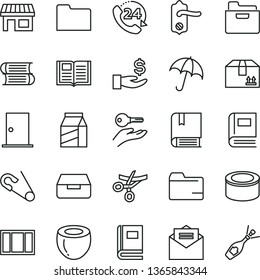 thin line vector icon set - folder vector, open pin, e, books, window frame, door knob, ntrance, received letter, book, umbrella, drawer, cardboard box, 24, package, canned goods, half of coconut