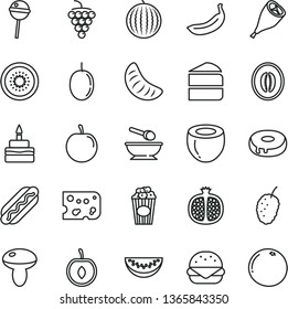 thin line vector icon set - deep plate with a spoon vector, piece of cheese, Hot Dog, big burger, mushroom, cake, birthday, hole, grill chicken leg, Chupa Chups, cup popcorn, half pomegranate, slice