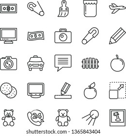 thin line vector icon set - image of thought vector, monitor, safety pin, open, teddy bear, small, plastic brush, drawing, fence, camera, car, 24, artificial satellite, expand picture, jam, biscuit