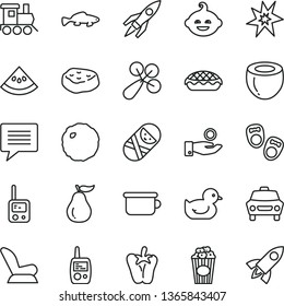 thin line vector icon set - image of thought vector, baby rattle, car child seat, duckling, tumbler, toy phone, mobile, children's potty, funny hairdo, train, shoes for little children, apple pie