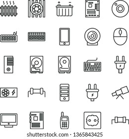 thin line vector icon set - camera vector, keyboard, power socket type f, screen, smartphone, lens, battery, plug, electric, cast iron radiator, mobile phone, fan, mouse, pc supply, tower, hdd