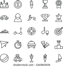 thin line vector icon set - stopwatch vector, bath ball, motor vehicle, present, Kick scooter, car, pedestal, racer, flame torch, winner podium, prize, gold cup, star reward, pennant, target, with