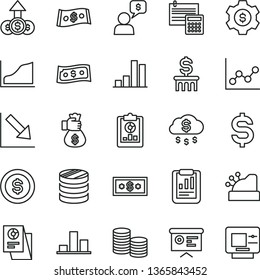 thin line vector icon set - graph vector, negative chart, calculation, coins, column of, bar, statistical report, overview, denomination the dollar, research, cashbox, financial, growth, rain, coin