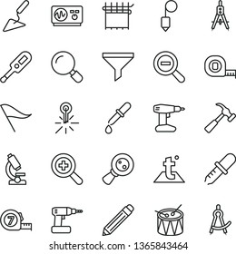 thin line vector icon set - graphite pencil vector, zoom, out, wind direction indicator, electronic thermometer e, drum, building trowel, cordless drill, measuring tape, long meashuring, plummet