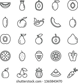 thin line vector icon set - chili vector, peper, strawberry, cherry, ripe peach, half apricot, plum, rose hip, fig, blueberry, mulberry, slice of melon, delicious, water, date fruit, passion, lemon