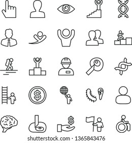 thin line vector icon set - woman vector, women, workman, employee, index finger, eye, man, dollar, get a wage, dna, brain, bactery, artifical insimination, winner podium, carrer stairway, flag