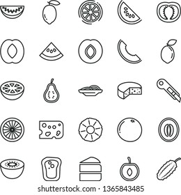 thin line vector icon set - stationery knife vector, piece of cheese, slices onion, cake, sandwich, plum, slice melon, water, half peach, cherry, lemon, kiwi, sour lime, orange, pineapple, tomato