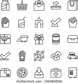 thin line vector icon set - grocery basket vector, first aid kit, e, box of bricks, received letter, put in a, drawer, bag with handles, cardboard, package, tin, pizza, French fries, popcorn, cup