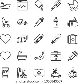 thin line vector icon set - heart symbol vector, first aid kit, toys over the cot, measuring cup for feeding, bottle, baby powder, stroller, summer, electronic thermometer e, mercury, comb, medical