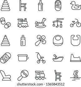 thin line vector icon set - toys over the cradle vector, feeding bottle, measuring for, bib, baby, beanbag, rattle, car child seat, summer stroller, rubber duck, children's bathroom, stacking rings