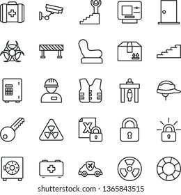 thin line vector icon set - Baby chair vector, bag of a paramedic, medical, workman, key, ntrance door, helmet, road fence, lock, strongbox, cardboard box, radiation hazard, autopilot, encrypting