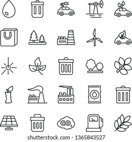 thin line vector icon set - bin vector, dust, drop, bag with handles, apple stub, solar panel, working oil derrick, leaves, gas station, windmill, factory, trees, forest, industrial building, trash