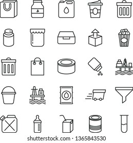 thin line vector icon set - bin vector, measuring bottle for feeding, powder, baby, packing of juice with a straw, bucket, dust, drawer, bag handles, unpacking, canned goods, tin, cup popcorn, jam