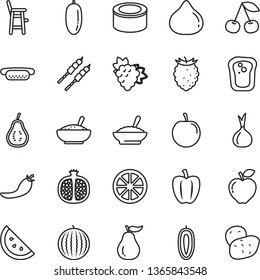 thin line vector icon set - a chair for feeding child vector, canned goods, mini hot dog, bowl of buckwheat porridge, rice, barbecue, orange slice, sandwich, cherry, half pomegranate, branch grape
