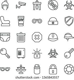 thin line vector icon set - mark of injury vector, spectacles, scales, nappy, powder, Baby chair, winter hat, warm, construction helmet, dust bin, lock, key, encrypting, glasses, biohazard, uv cream