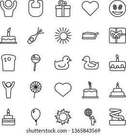 thin line vector icon set - heart symbol vector, bib, rubber duck, baby duckling, balloon, cake, birthday, gift, Easter, slice, torte, Chupa Chups, lollipop, giftbox, man hold world, hands up, sun