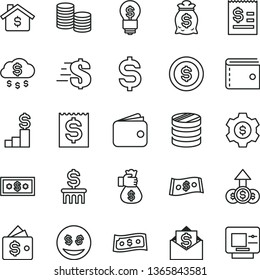 thin line vector icon set - purse vector, dollar, coins, column of, denomination the, article on, financial item, wallet, money bag hand, rain, coin, mortgage, pedestal, gear, idea, eyes, growth