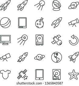 thin line vector icon set - monitor vector, counterclockwise, t short, bath ball, artificial satellite, planet Earth, rocket, space, tablet pc, hdd, telescope, antenna, saturn, flag on moon, first